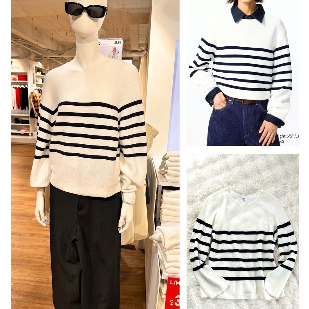 Uniqlo White Crewneck Sweater with Black Stripes